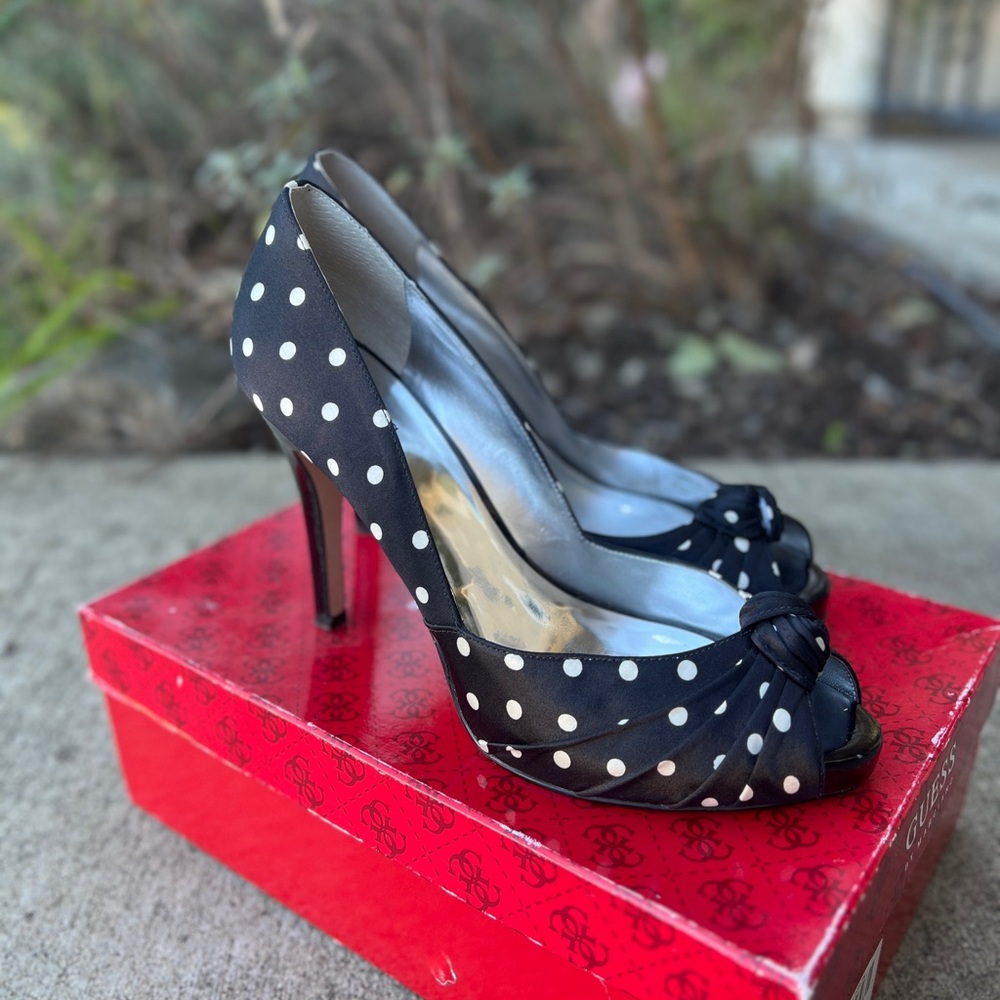 Guess Black and White Polka Dot Peep Toe Heels